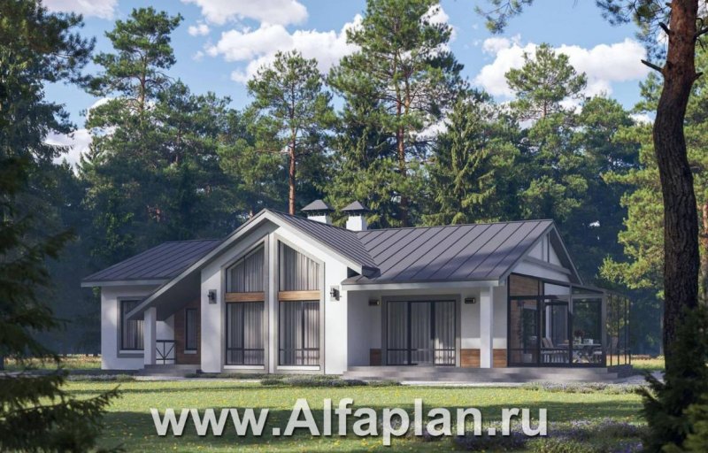 Проект «Ирис» 962А - проект современного одноэтажного дома из газобетона, мастер спальня, с зимним садом