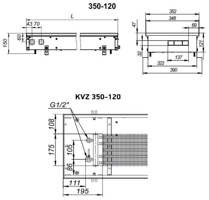 Водяной конвектор Techno WD KVZVs 350-120-2200