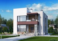 Проект дома «Эвр» 476А - проект двухэтажного дома с террасой, лестница в гостиной, с плоской кровлей, в стиле хай-тек