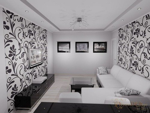 интерьер гостиной в черно белом цвете 