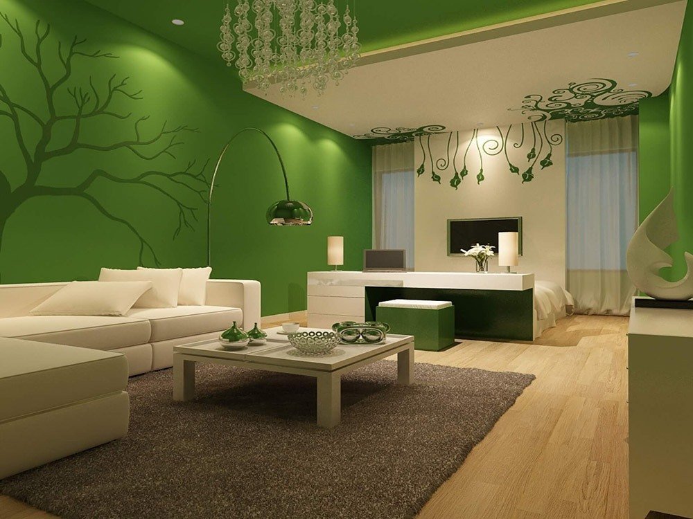 Сочетание зеленого цвета в интерьере гостиной