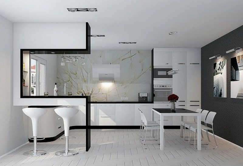 Черно-белый интерьер кухни в стиле хай тек фото 16