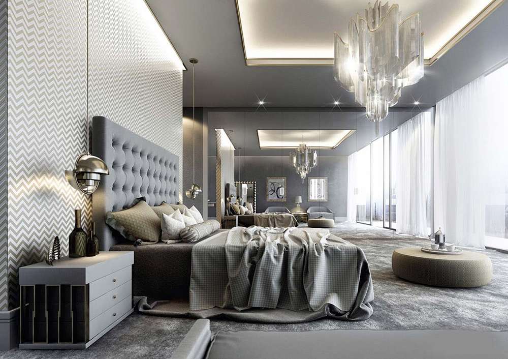 Серый цвет в интерьере спальни в неоклассическом стиле 