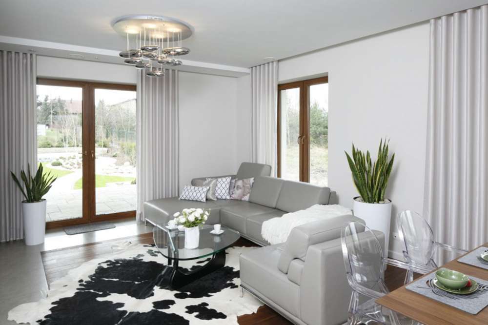 Светло-серый диван в гостиной 